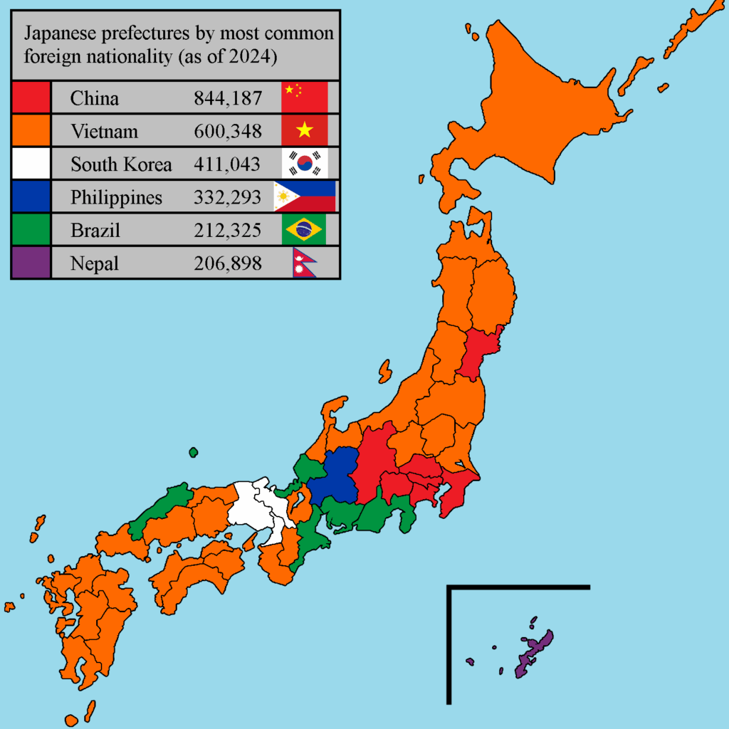 Japanese prefectures by most common foreign nationality as of 2024 June