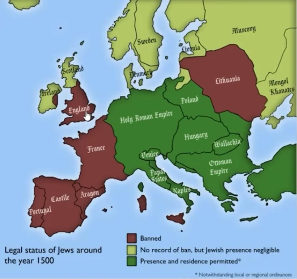 European countries where Jews were allowed to exist in 1500.