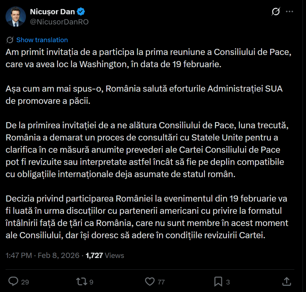 Romania was invited to participate in the first meeting of the Peace Council, which will take place in Washington, on February 19