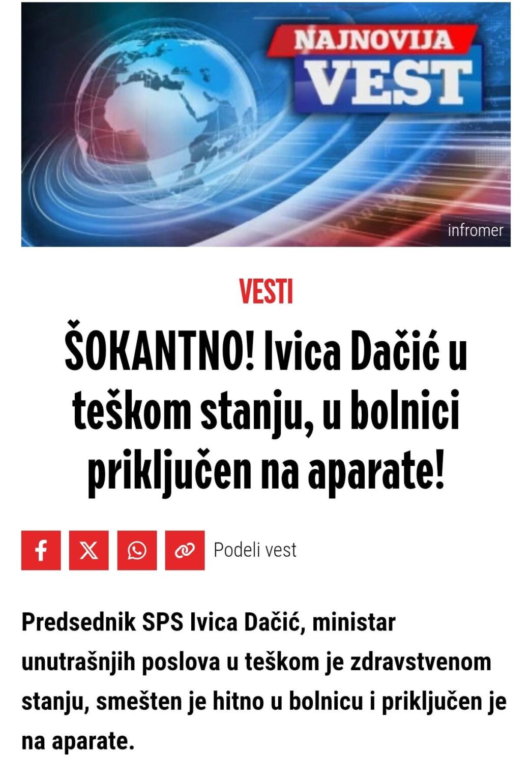 Ivica Dacic is in a serious condition, connected to medical equipment in the hospital