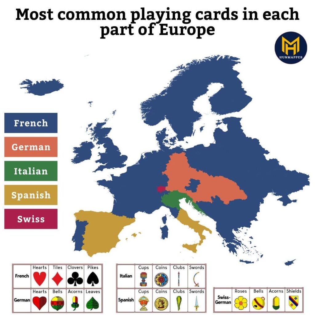 Most common playing cards in each part of Europe