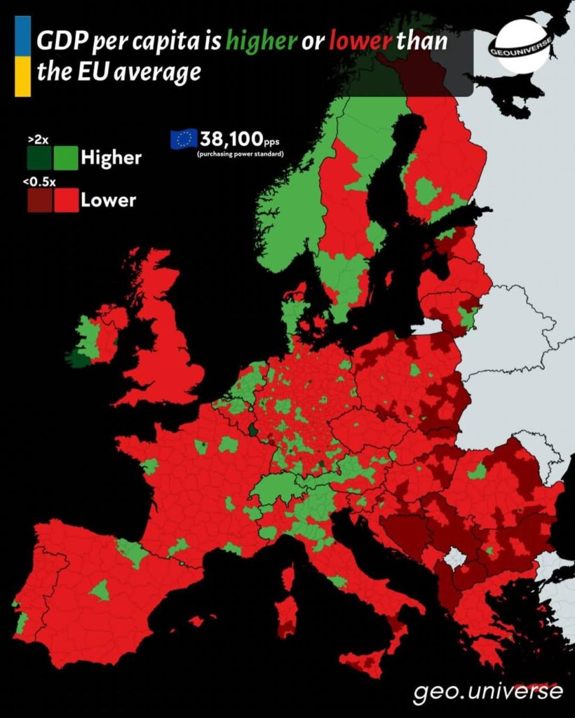 GDP per capita (PPS) by region compared to the EU average: