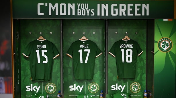 The kits of, from left, John Egan, Harvey Vale and Alan Browne in the Republic of Ireland dressingroom before the international friendly match between Republic of Ireland and North Macedonia at Aviva Stadium in Dublin.