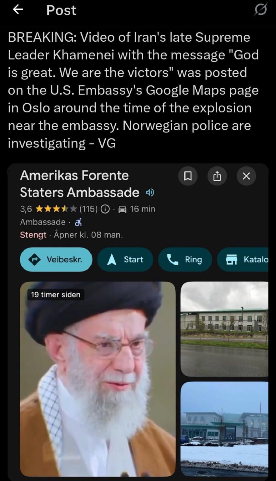 US Embassy Explosion in Oslo likely linked to Crisis in Iran