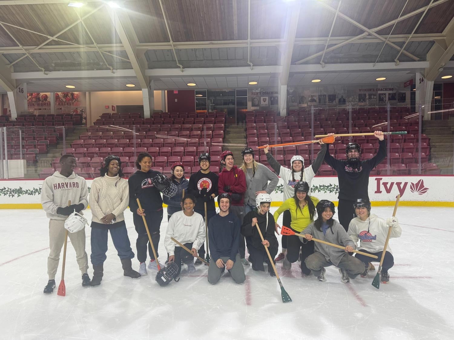 The Dunster intramural broomball team celebrates following a match.
