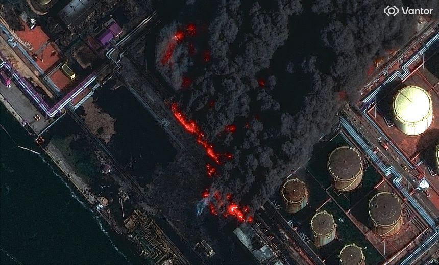 Satellite imagery of a large fire at the Ust-Luga oil terminal complex in northern Russia <strong>﻿</strong>on March 27, 2026.  The imagery was collected by several of Vantor’s satellites and that provides different perspectives of the fires.