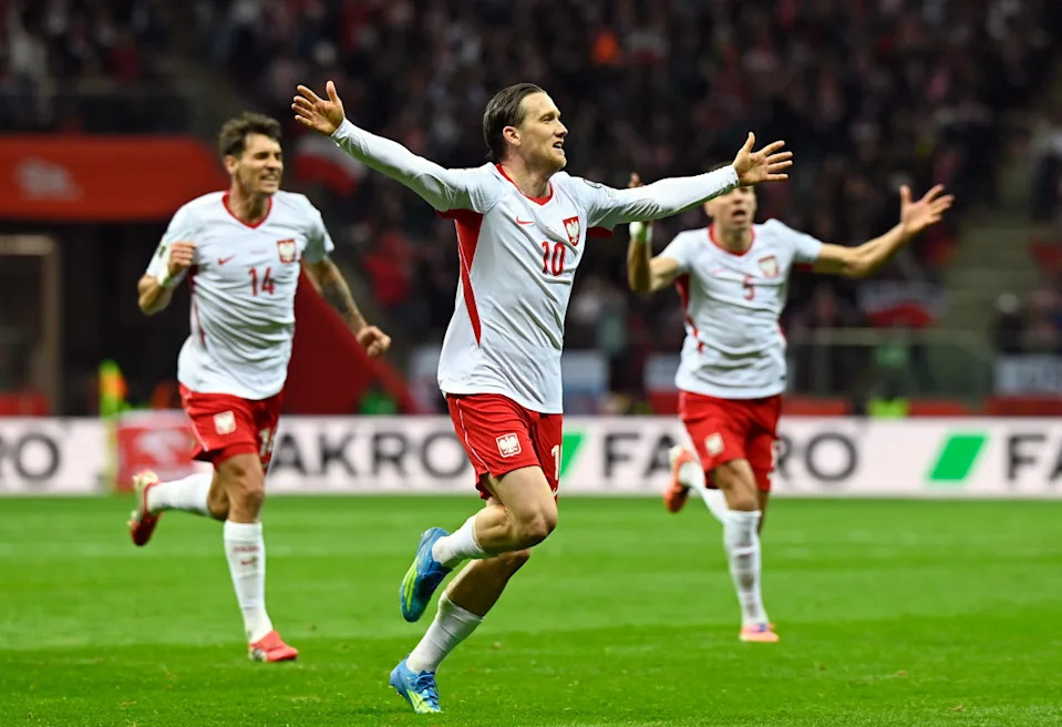 Piotr Zielinski of Poland celebrates scoring his team's second goal during the FIFA World Cup 2026 European Qualifiers KO play-offs match between Poland and Albania at PGE Narodowy on March 26, 2026 in Warsaw, Poland. (Photo by Adam Nurkiewicz - UEFA/UEFA via Getty Images)Photo by Adam Nurkiewicz - UEFA&sol;UEFA via Getty Images