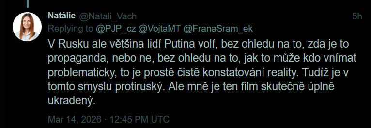 Natálie Vachatová, the pro-Russian adviser to Prime Minister Babiš, claims that the majority of Russians vote for Putin, but she forgot to say that Putin manipulates the elections and eliminates competition.