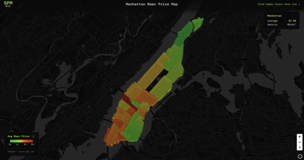 [OC] Manhattan Neighborhoods Mapped By Beer Price and Bar Density