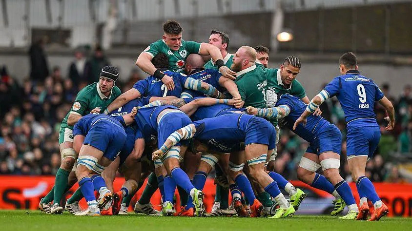Italy win a scrum penalty in the Six Nations game against Ireland on 21 February 2026