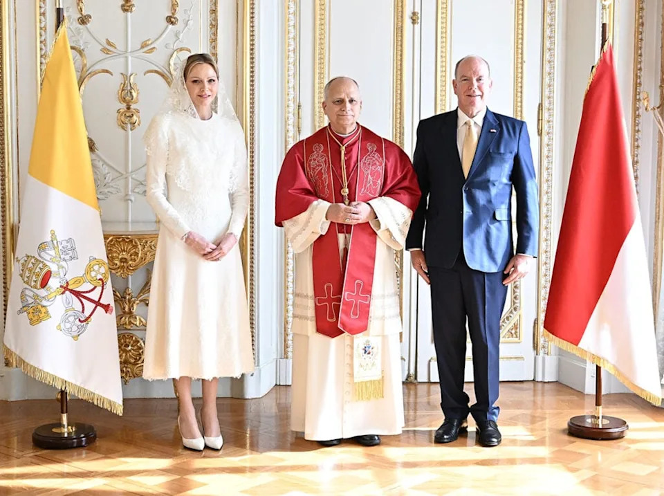 Princess Charlene Pope Leo Monaco visit, Princess Charlene Monaco papal audience fashion, Monaco papal visit red carpet style, Princess Charlene Elie Saab Monaco, Elie Saab papal visit Princess Charlene, Monaco royal family Pope Leo visit
