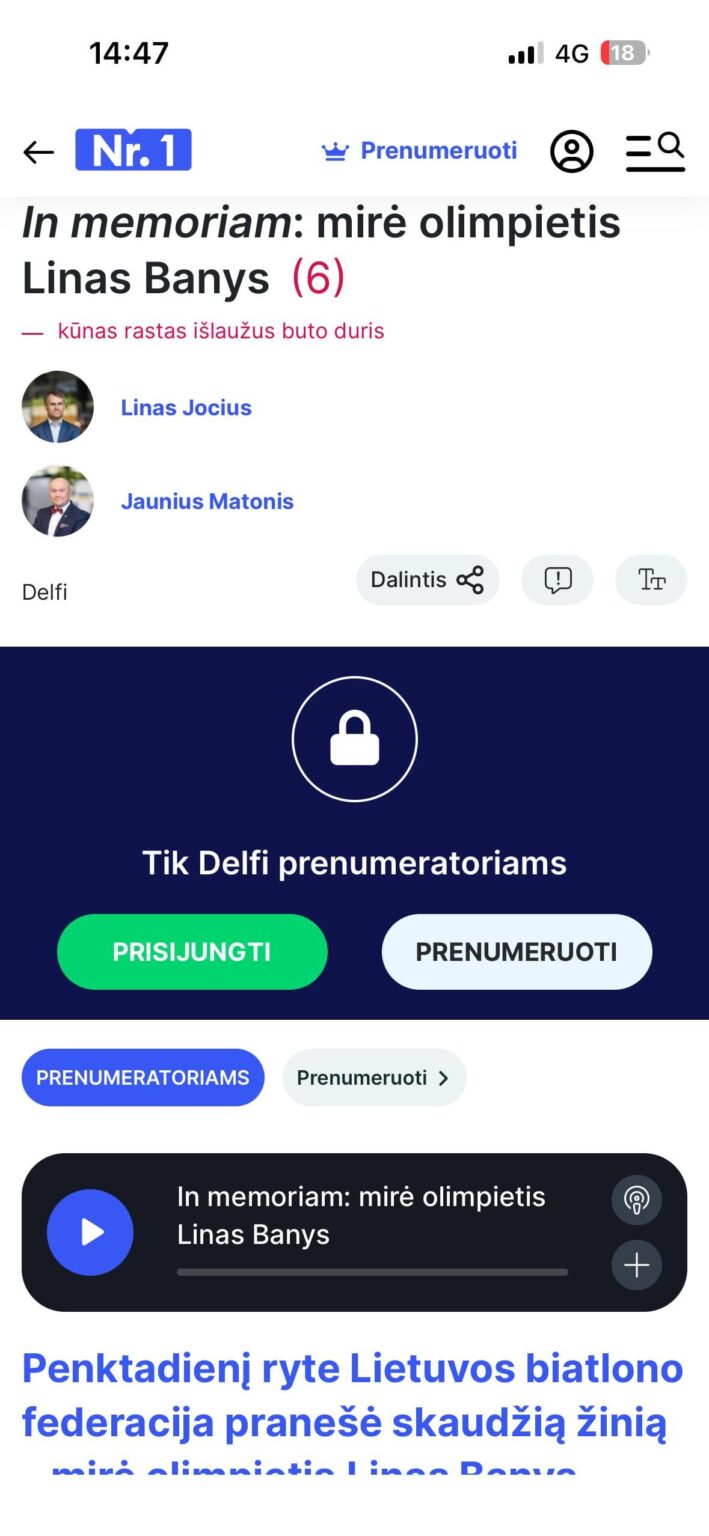 Delfis locked the article about the death of Olympian Linas Bani under a paid subscription
