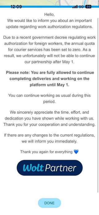 Wolt Delivery Platform Begins Suspending Foreign Worker Accounts, With Full Deactivation of Access Scheduled for May 1, 2026