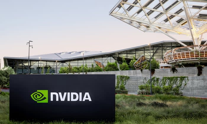 Nvidia signboard bearing the company's logo outside its headquarters.