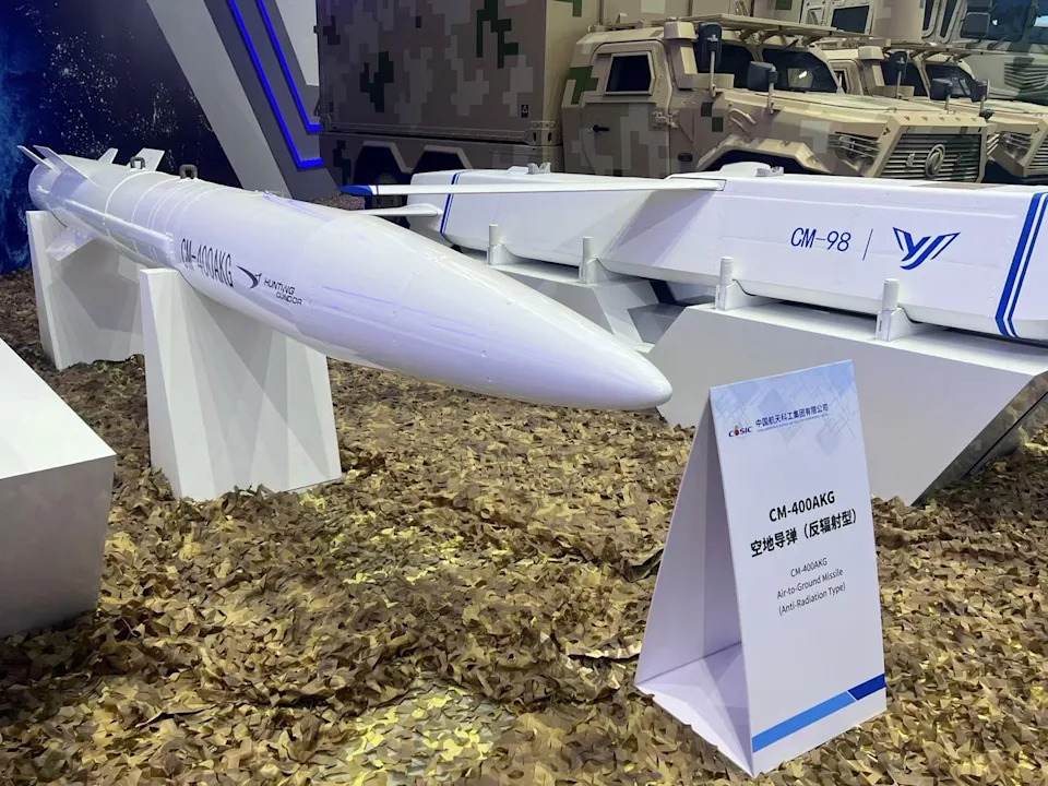 ZHUHAI, CHINA - NOVEMBER 12: CM-400AKG Air-to-Ground Missile (Anti-Radiation Type) is on static display during the 15th China International Aviation and Aerospace Exhibition, or Airshow China 2024, on November 12, 2024 in Zhuhai, Guangdong Province of China. The Airshow China kicks off on November 12 in Zhuhai. (Photo by Shen Ling/VCG via Getty Images)