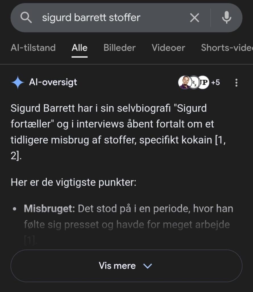 Google AI describes Sigurd Barett's cocaine addiction with fake articles, and ends with the conclusion that he does not have a drug addiction