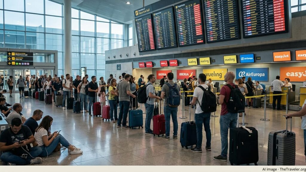 Crowded departure hall in a Spanish airport with passengers waiting under boards of delayed and cancelled flights.