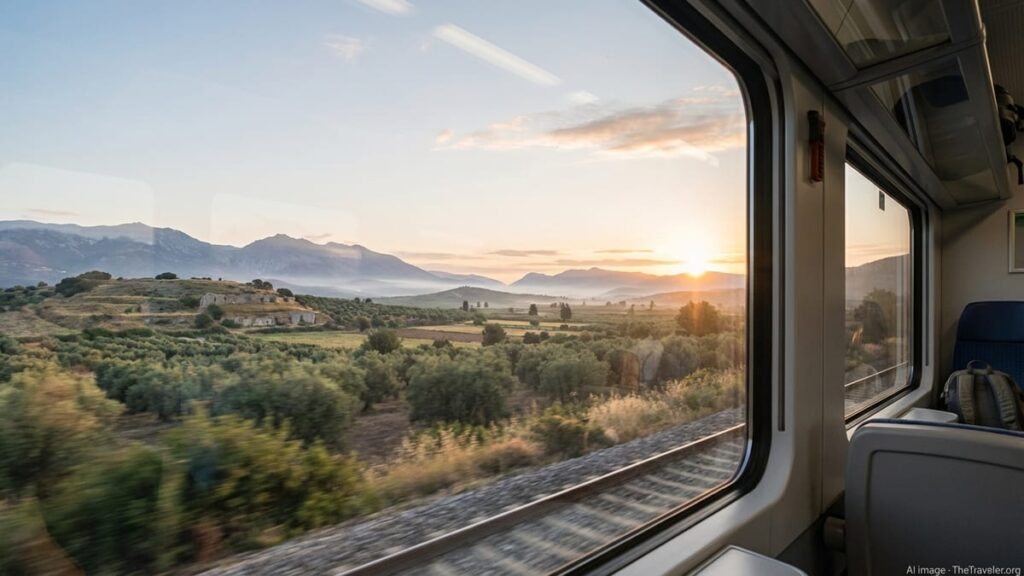View from a Greek intercity train window over olive groves and hills at sunrise.