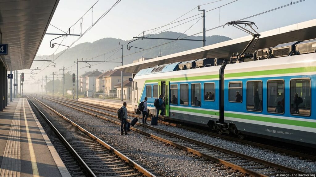 Modern Slovenian regional train at Ljubljana station in soft morning light.