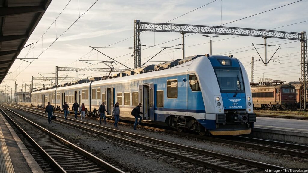 New RegioPanter electric train at a Bulgarian station platform with passengers boarding.