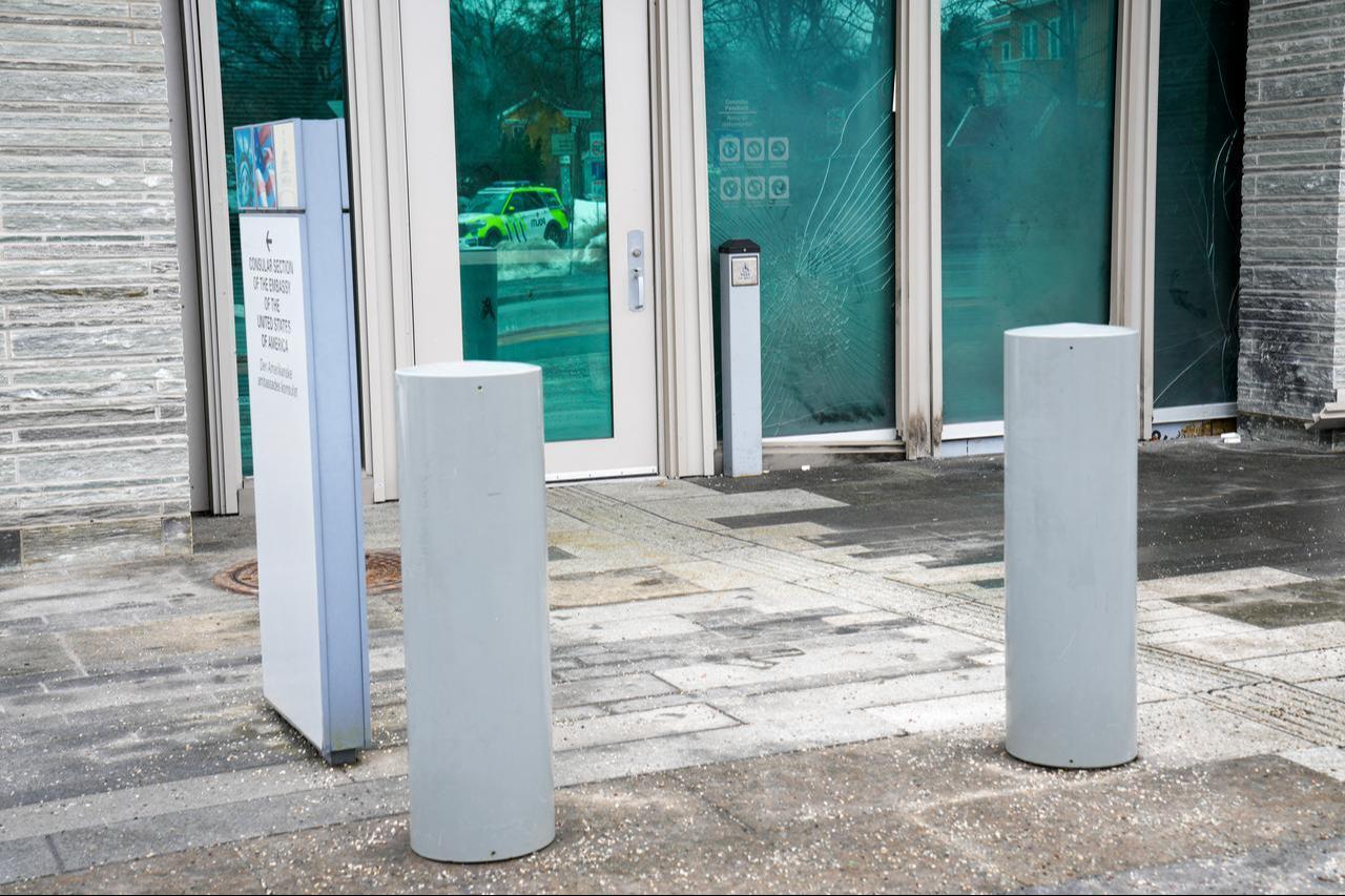 Damages at the US Embassy in Oslo, Norway, are pictured on March 8, 2026, some hours after a loud bang was reported at the site. (AFP Photo)