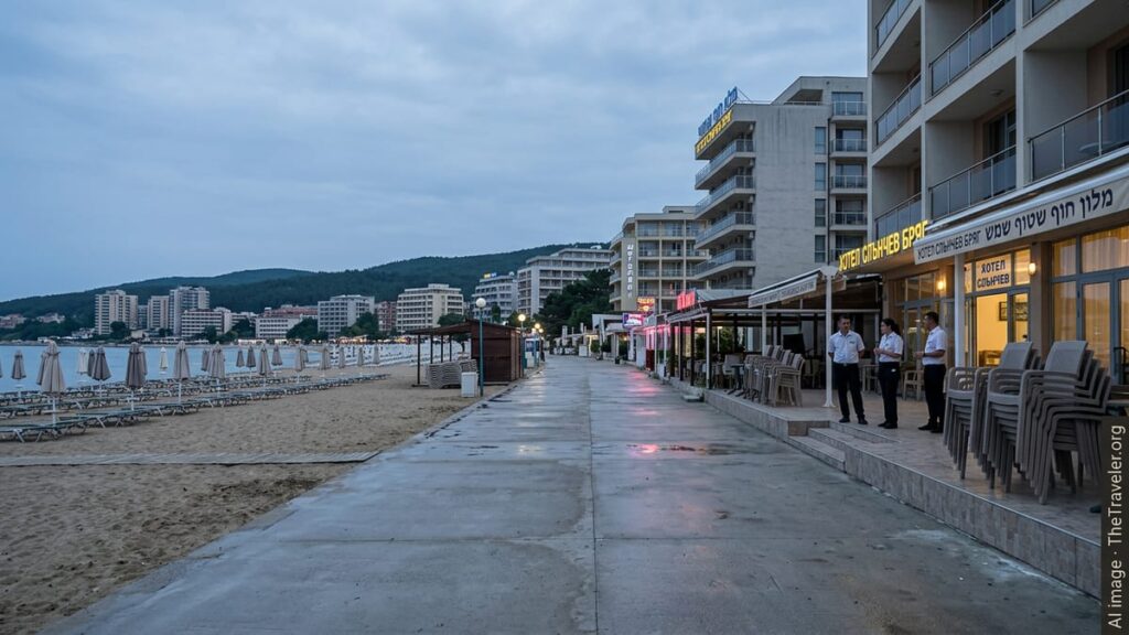 Empty Black Sea resort promenade in Bulgaria with closed hotels and no tourists at dusk.