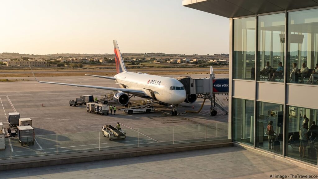 Delta Boeing 767 parked at Malta International Airport gate at golden hour.