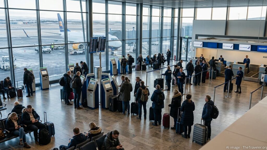 Icelandair Cancellations Disrupt Key Routes From Iceland Passengers wait at Keflavik Airport as Icelandair counters handle flight cancellations.