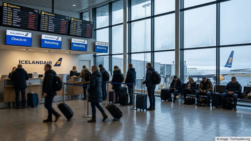 Icelandair Cancellations Disrupt Key Routes Across Europe Passengers queue at Keflavik Airport as Icelandair cancellations appear on departure boards.