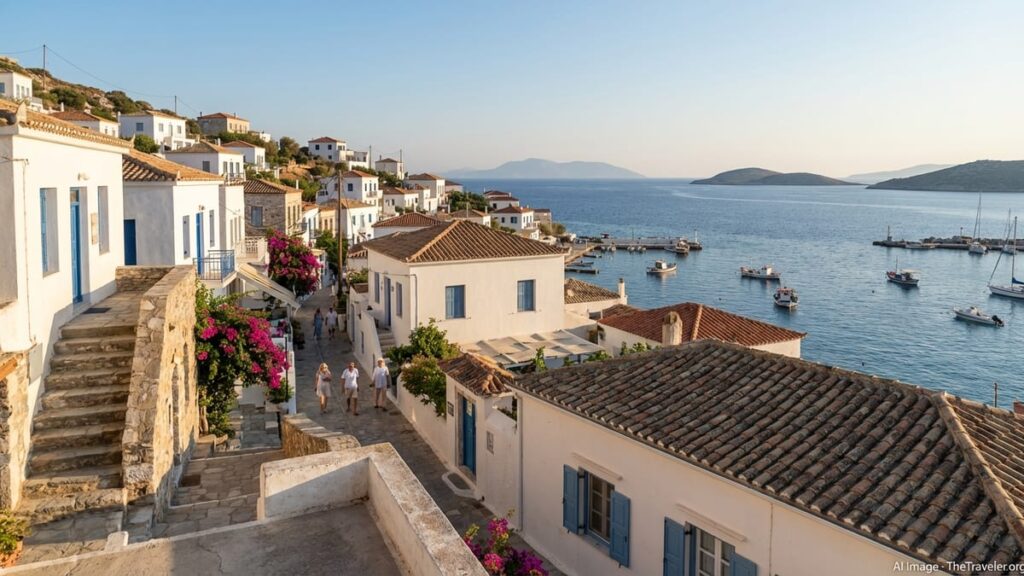Quiet Greek island village at golden hour with few people and calm Aegean Sea.
