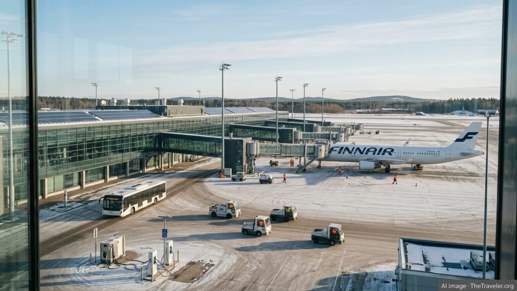 Finland Joins Global Push for Net Zero Airports Electric ground vehicles and aircraft at a modern Nordic airport on a clear winter day.