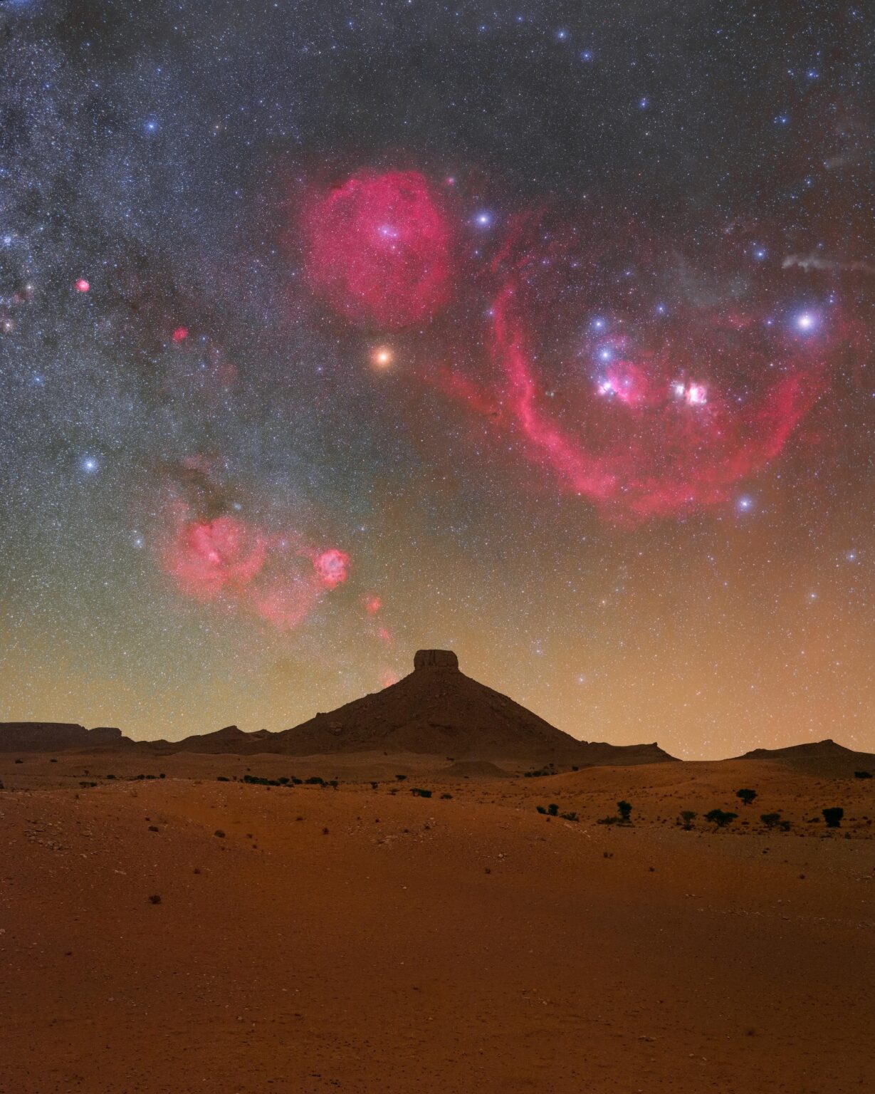 I made a 40-minute exposure of winter nebulae above Tajine Mountain in the Moroccan Sahara