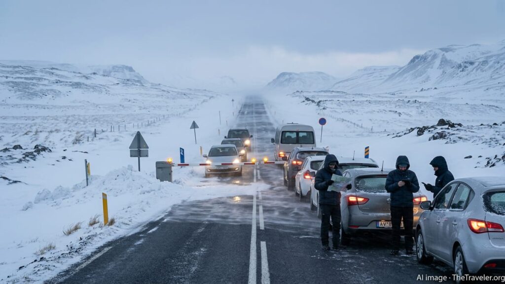 Storm Chaos Strands Tourists in Northwest Iceland Cars and tourists stopped at a snow-covered road closure in northwest Iceland during a blizzard.