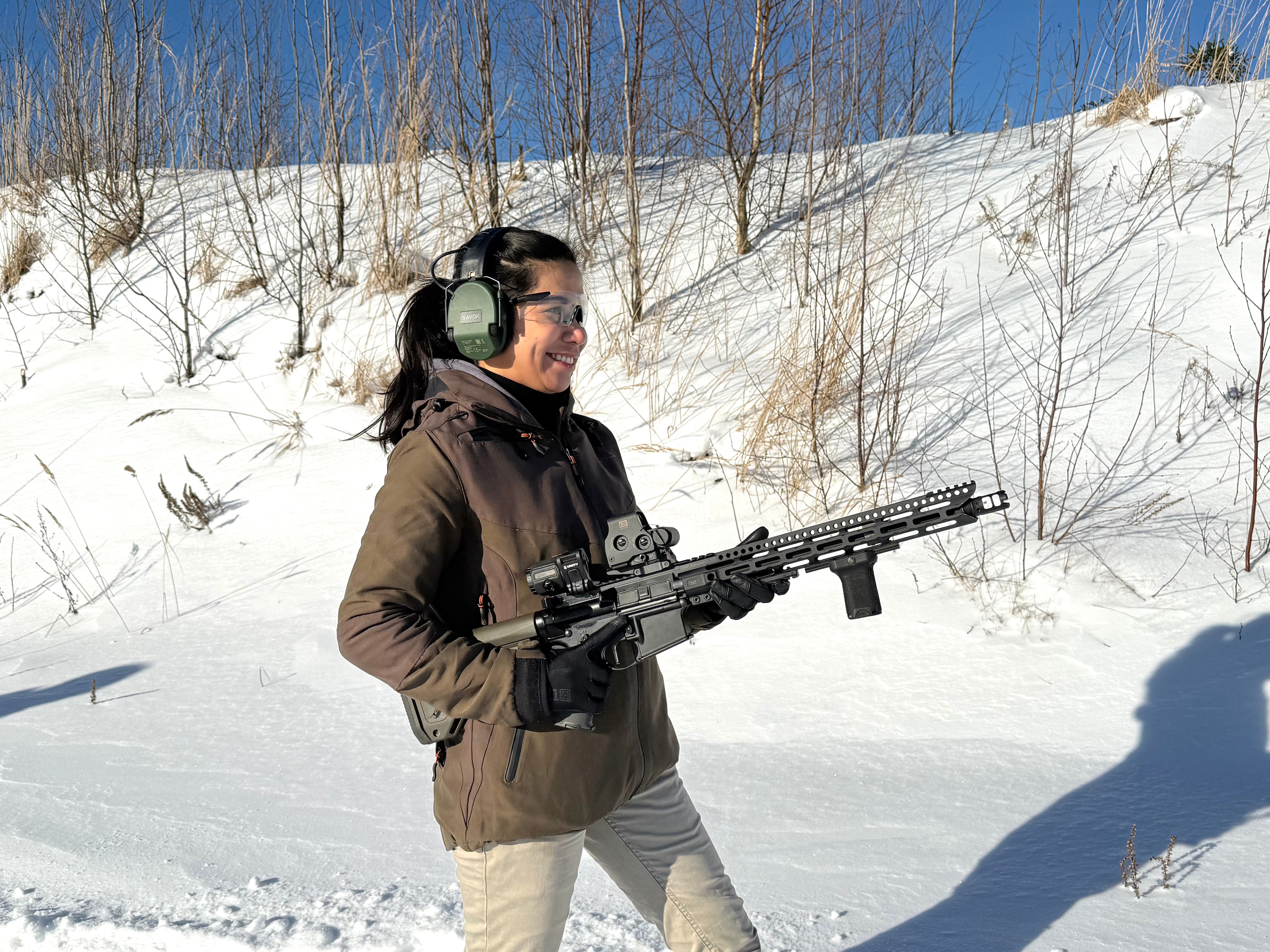 Nicole practising with an AK15 – a type of assault rifle used by the special operations units of the Russian military