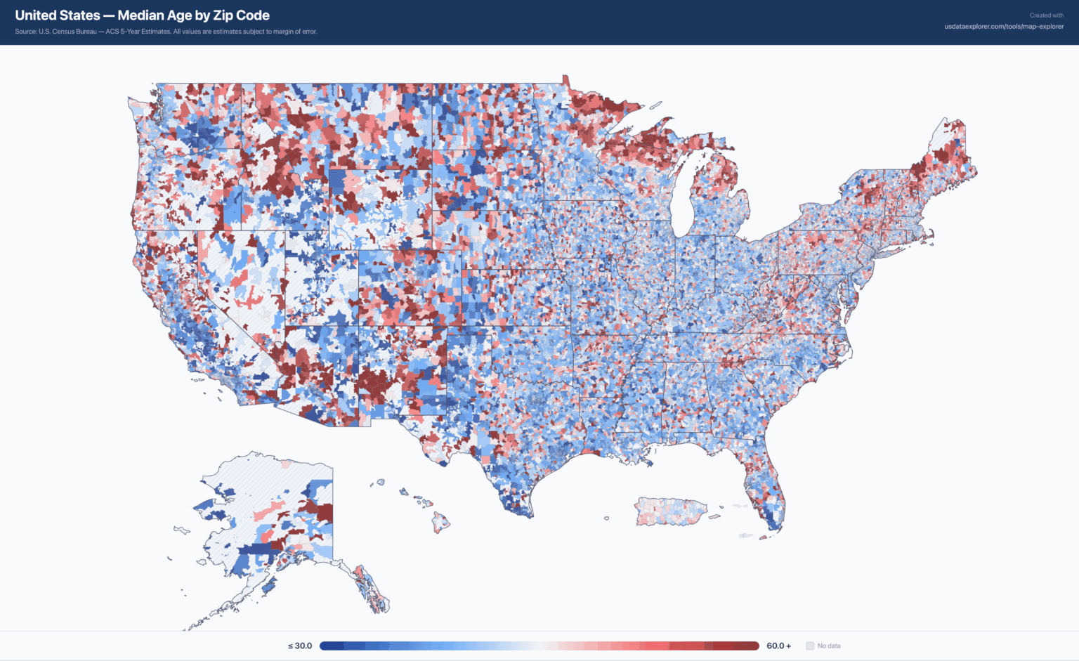 [OC] Median Age by Zip Code for the U.S.