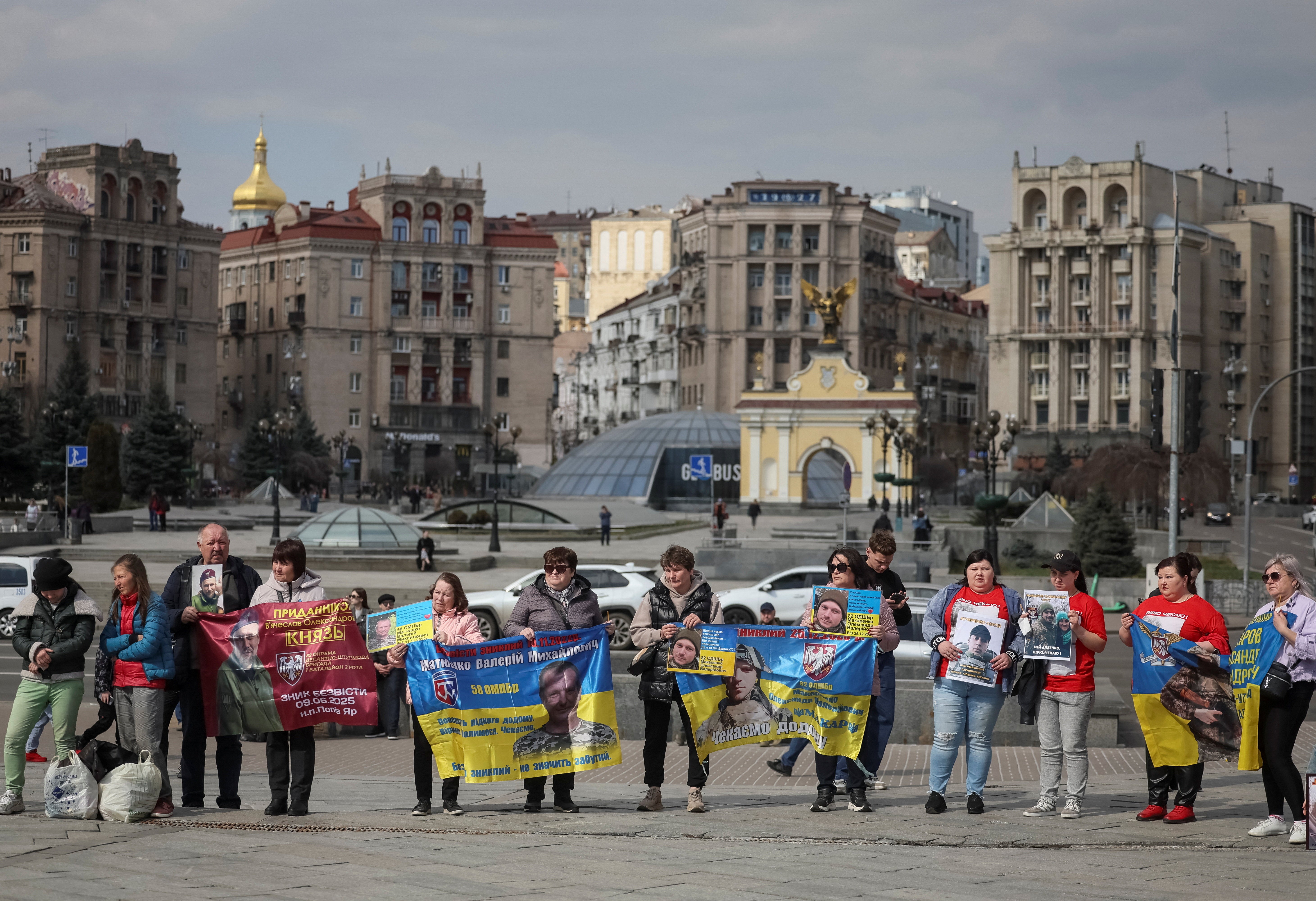 Relatives and friends of Ukrainian servicemen take part in a rally to draw attention to servicemen who are in captivity, missing in action, or who died but whose bodies have not been repatriated, amid Russia's attack on Ukraine, in Kyiv
