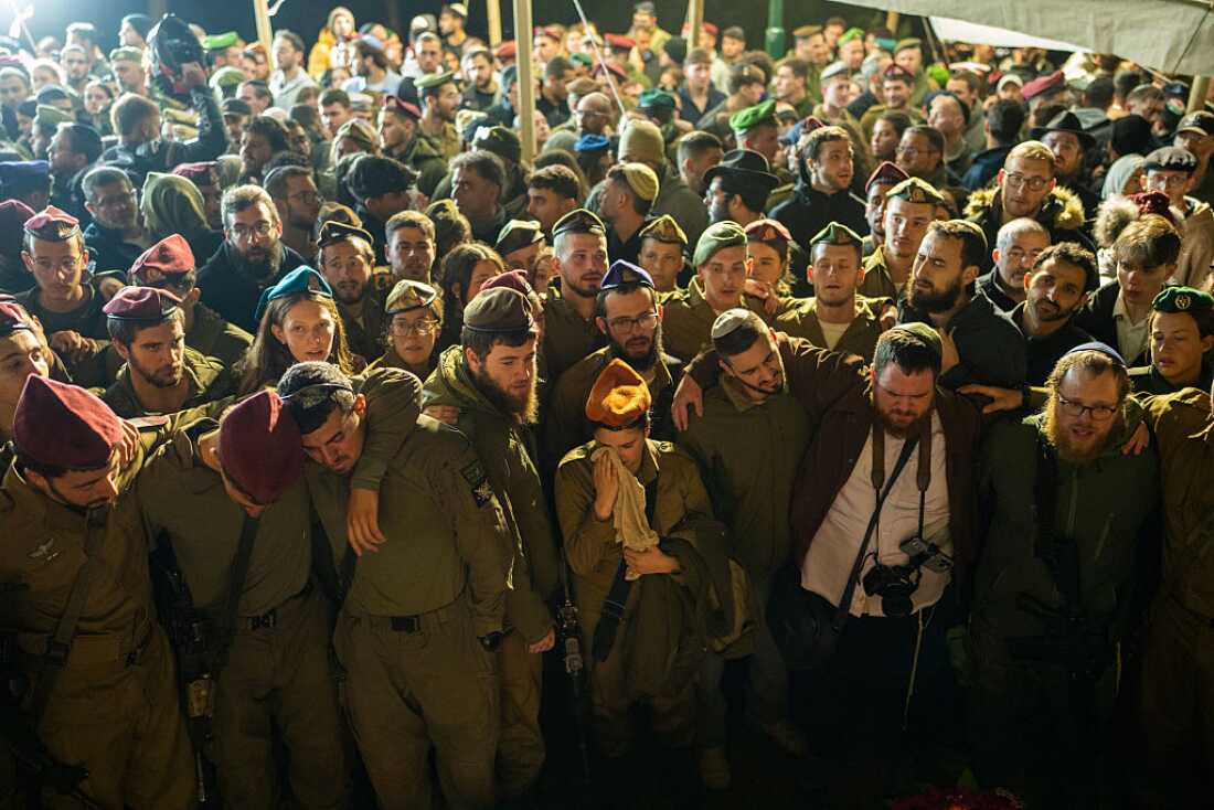 People gather for the funeral of Israeli Stg. Moshe Itzhak Hacohen Katz, 22, in Jerusalem on Sunday.