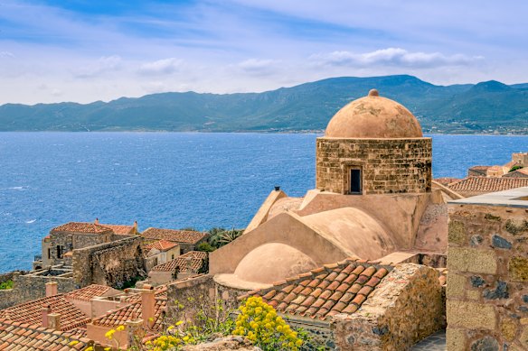The ancient church inside the castle of Monemvasia overlooks the Aegean Sea.