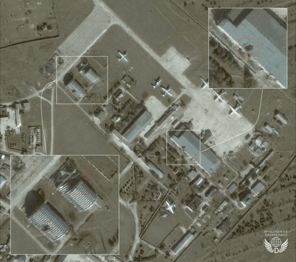 Satellite images reveal pierced roofs on three hangars at the Yevpatoria Aviation Repair Plant in Crimea after a Feb 27 strike targeting Russian Forpost and Orion drones. (Source: Dnipro Osint)