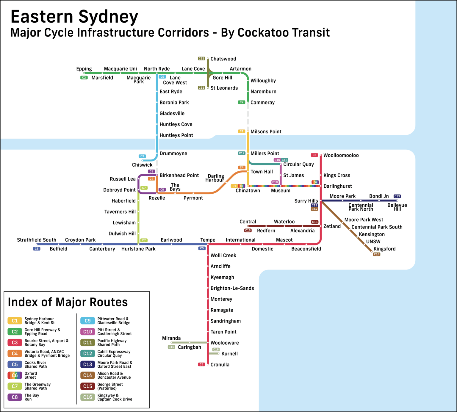 Eastern Sydney's Major Cycle Infrastructure represented in a transport-style map