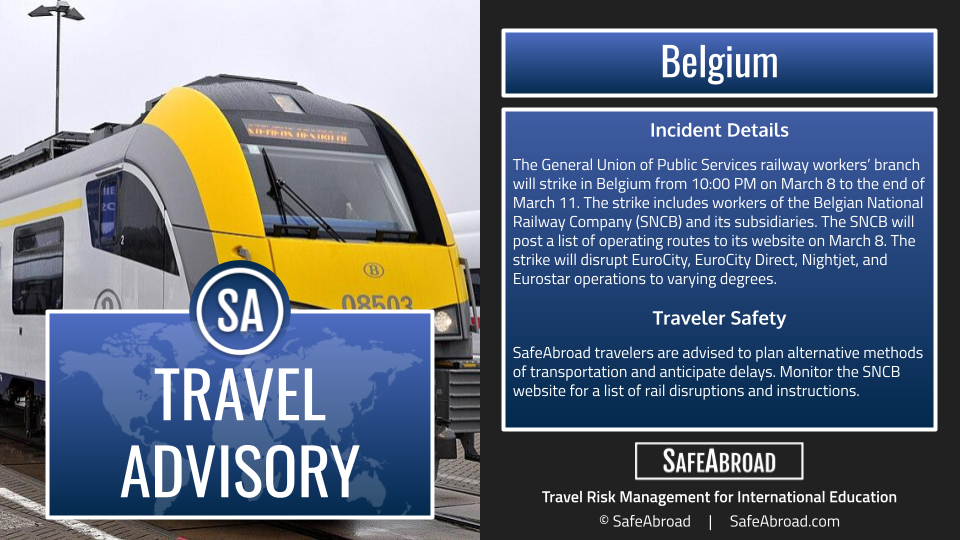 A strike will cause rail disruptions across Belgium from 10:00 PM on March 8 to the end of March 11.