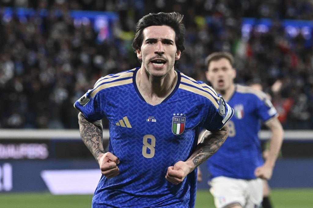 Sandro Tonali of Italy celebrates scoring during a FIFA World Cup 2026 European qualifier.