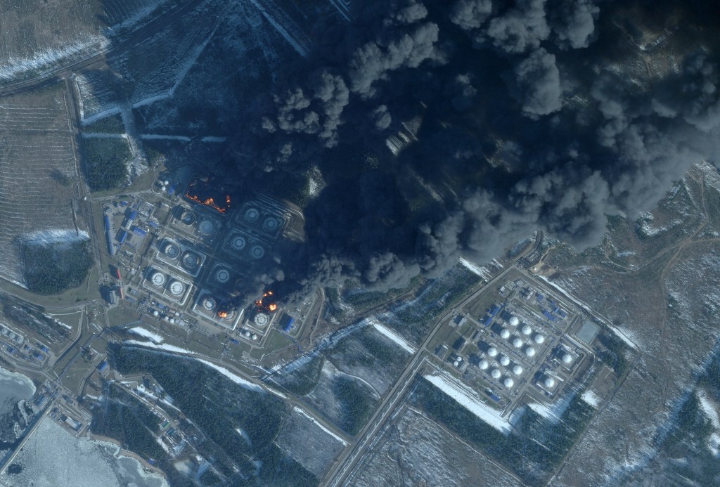 Satellite image of smoke rising from the Primorsk oil terminal following a drone attack.