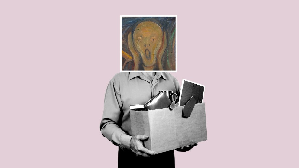 A grayscale photo of a person from the chest down, wearing a button-down shirt and holding a cardboard box filled with office items including a mug, a notebook, and a picture frame. In place of the person's head is a square, color reproduction of Edvard Munch’s painting "The Scream," featuring a stylized figure with a pale, elongated face, wide eyes, and an open mouth, holding its hands to its face against a swirling blue and orange background. The entire central figure is set against a solid light pink backdrop.