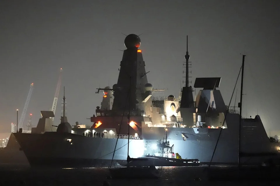 Royal Navy Type 45 destroyer HMS Dragon makes her way to the Upper Harbour Ammunition Facility (UHAF) in Portsmouth harbour, Hampshire, ahead of being deployed to protect British military personnel in Cyprus (PA)