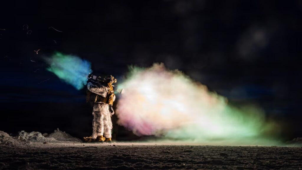 A person in a winter camouflage military uniform fires a rocket into the air at night with smoke coming out the back of the rocket launcher.