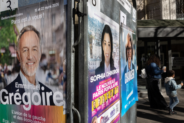 Posters for the three remaining candidates for Paris mayor, socialist Emmanuel Gregoire, leftist Sophia Chikirou, right-wing Rachida Dati.
