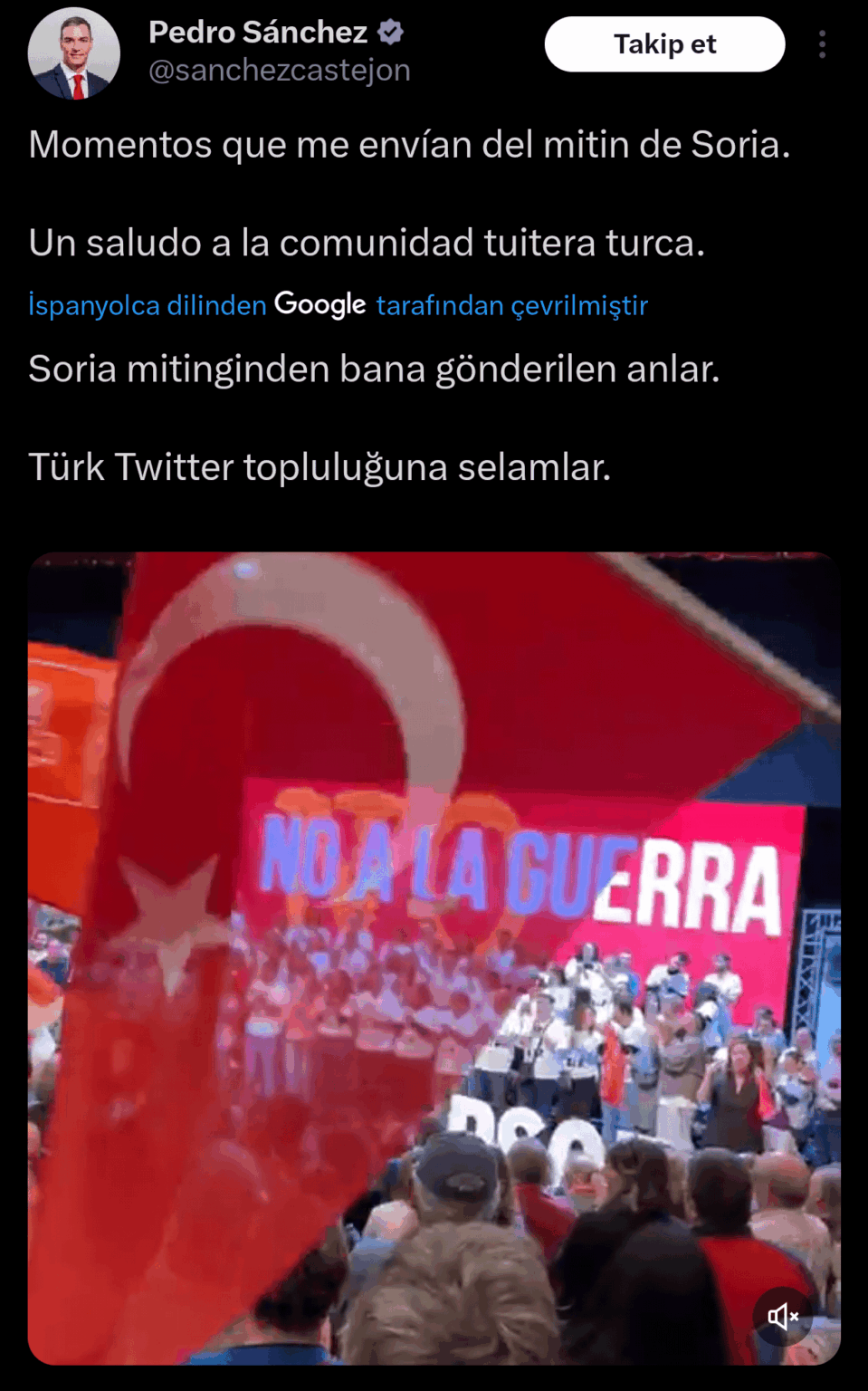 Spanish Prime Minister Pedro Sanchez sent greetings to Turkish Twitter users.
