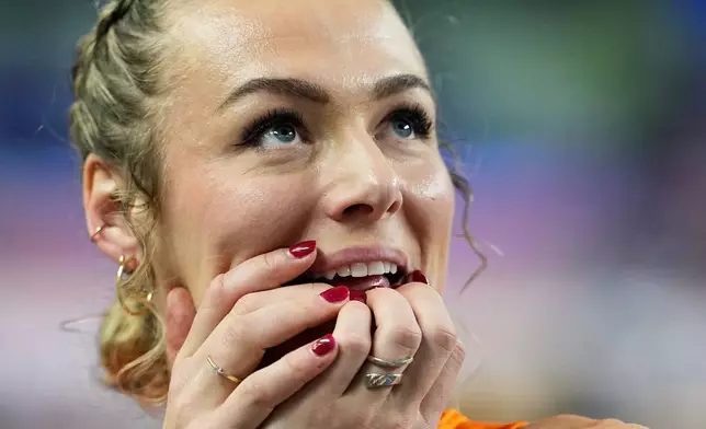 Lieke Klaver, of the Netherlands, waits for the announcement of the results of the women's 400 meters final at the World Athletics Indoor Championships in Torun, Poland, Saturday, March 21, 2026. (AP Photo/Matthias Schrader)
