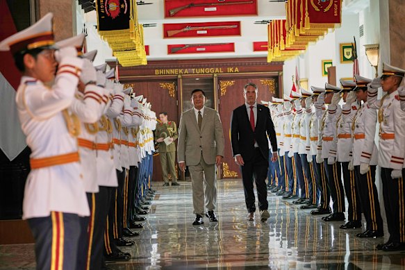 Australia’s Defence Minister Richard Marles with Indonesia’s Defence Minister Sjafrie Sjamsoeddin after their meeting in Jakarta.